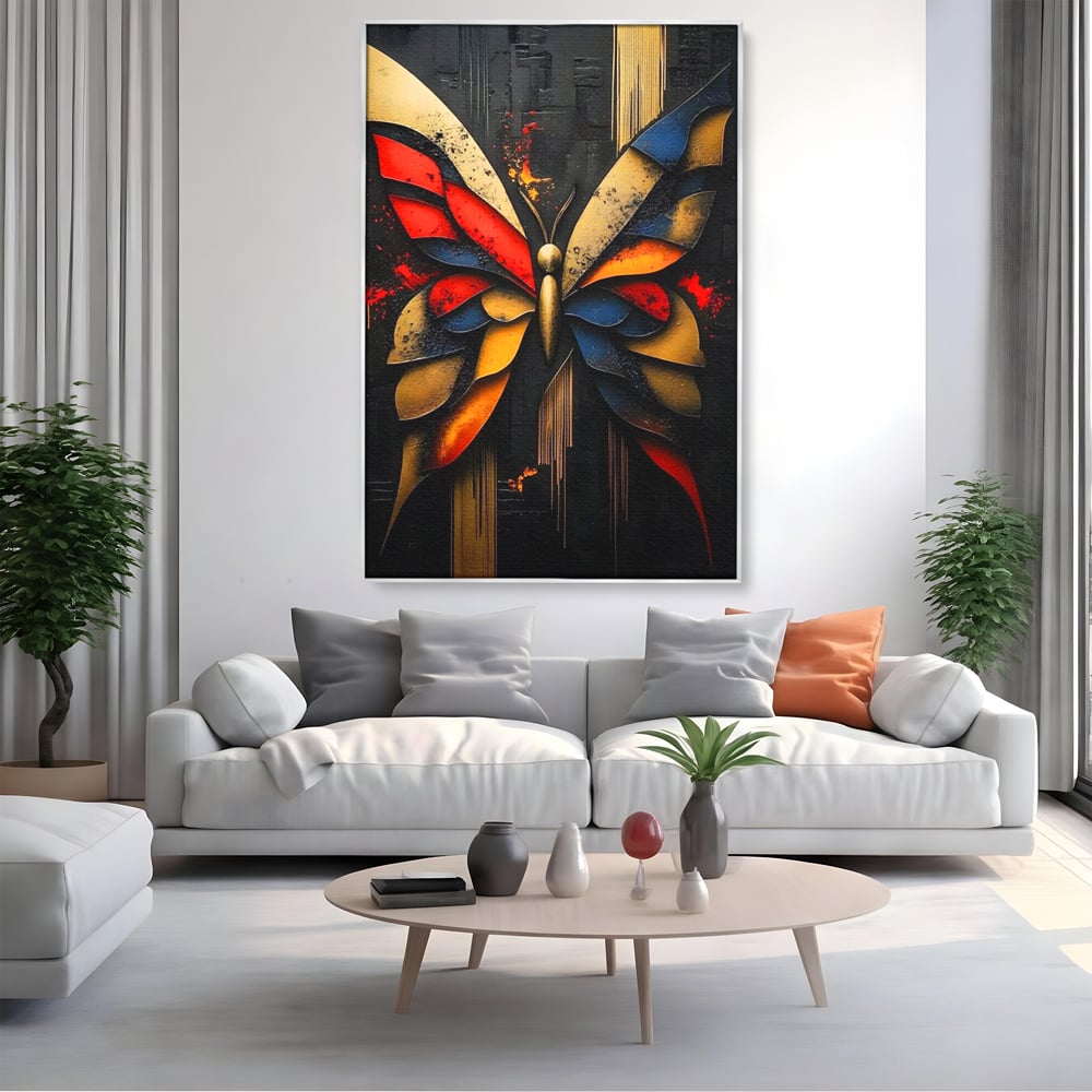 Tablou canvas cu tablou canvas cu fluture abstract, in rama de aluminiu argintiu, pe perete intr-un living